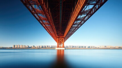 Underneath a vibrant red bridge spanning a tranquil river, reflecting city skyline.