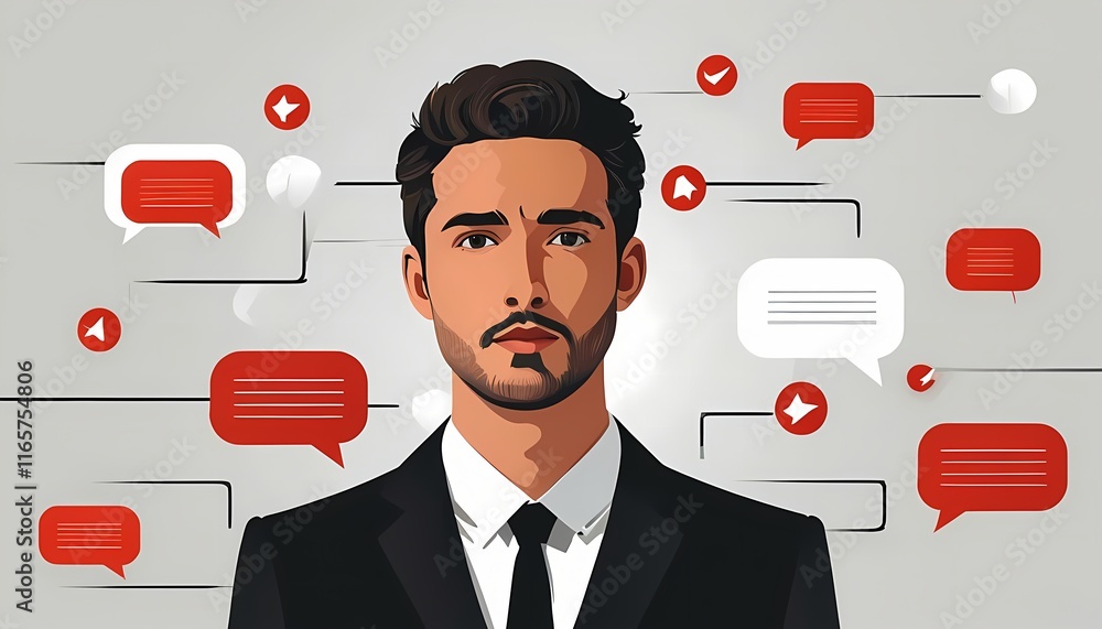 Poster man pressing button on virtual screen