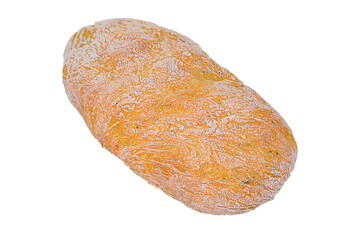 Rounded whole loaf of white bread isolated on white, transparent background rough crust sprinkled with white flour, interspersed with dark pieces of seasonings and aromatic herbs. First-person view