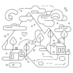 vector landscape with houses for coloring book