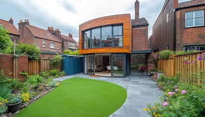Modern Home Rear Extension with Landscaped Garden, Paving, Artificial Lawn and Flower Beds.