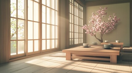 Serene Japanese Dining Space with Low Seating and Seasonal Flowers Bathed in Natural Light | Minimalist Zen Decor Photography | Warm Inviting Atmosphere