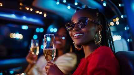 legant young ladies dressed in eye-catching red gowns, sipping on sparkling wine inside a posh limousine, celebrating a special occasion with style and charm.