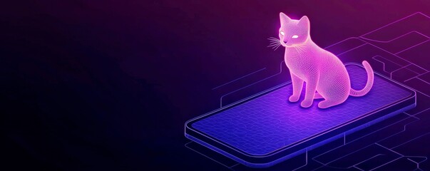 Digital cat illustration with vibrant colors on a smartphone backdrop.