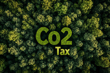 Concept of green Co2 Tax. carbon credit and carbon tax. "Co2 Tax" icon on the top view of the forest. Net zero greenhouse gas emissions target with Environmental and social responsibility business
