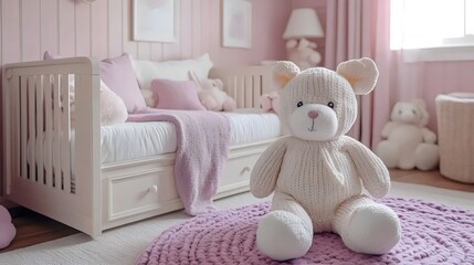 A white teddy bear is sitting on a purple rug in a pink room