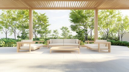Fototapeta premium Tranquil Japanese Garden Terrace: Minimalist Design with Bamboo Accents in Soft Sunlight