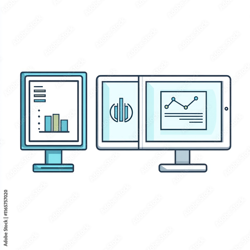 Poster data analysis displayed on computer monitors showing graphs and charts