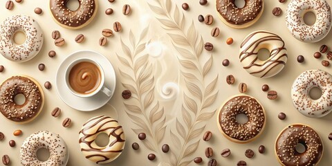 Sweet Treats and Coffee Break Delight A Flat Lay of Donuts and Espresso
