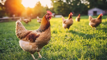 Fototapeta premium Chickens Grazing in Golden Hour Light