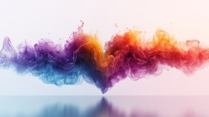 Fototapeta premium Abstract colorful smoke cloud design, vibrant hues swirling in dynamic motion, reflecting on a glossy surface.