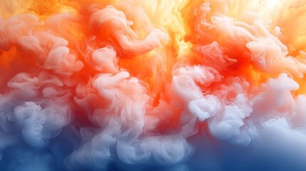 Abstract swirling orange, white, and blue smoke or ink.