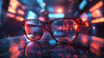 Futuristic glasses, data displays, vibrant reflections.