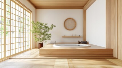 Serene Japanese-Inspired Bathroom with Soaking Tub and Natural Wood Finishes Creating a Calming Spa Atmosphere