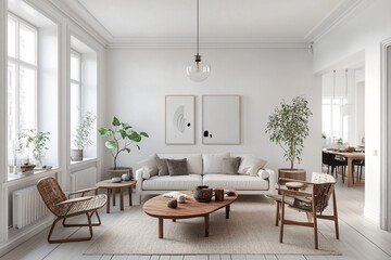Fototapeta premium Minimalist Scandinavian Living Room with Wooden Furniture and Indoor Plants