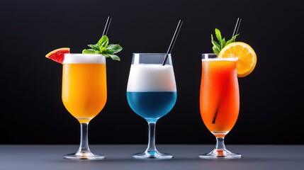 Fototapeta premium Three colorful cocktails with garnishes on a dark background.