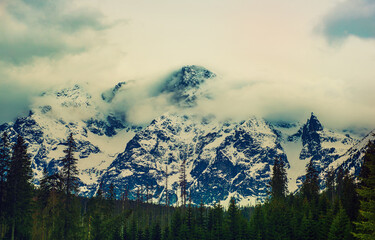 Mountain peaks near Morskie Oko Lake in Poland at Winter. Tatras range