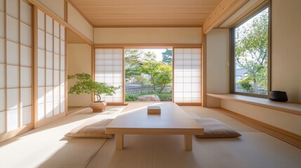 Serene Minimalist Japanese Study Space with Low Desk and Natural Light for Focus and Creativity
