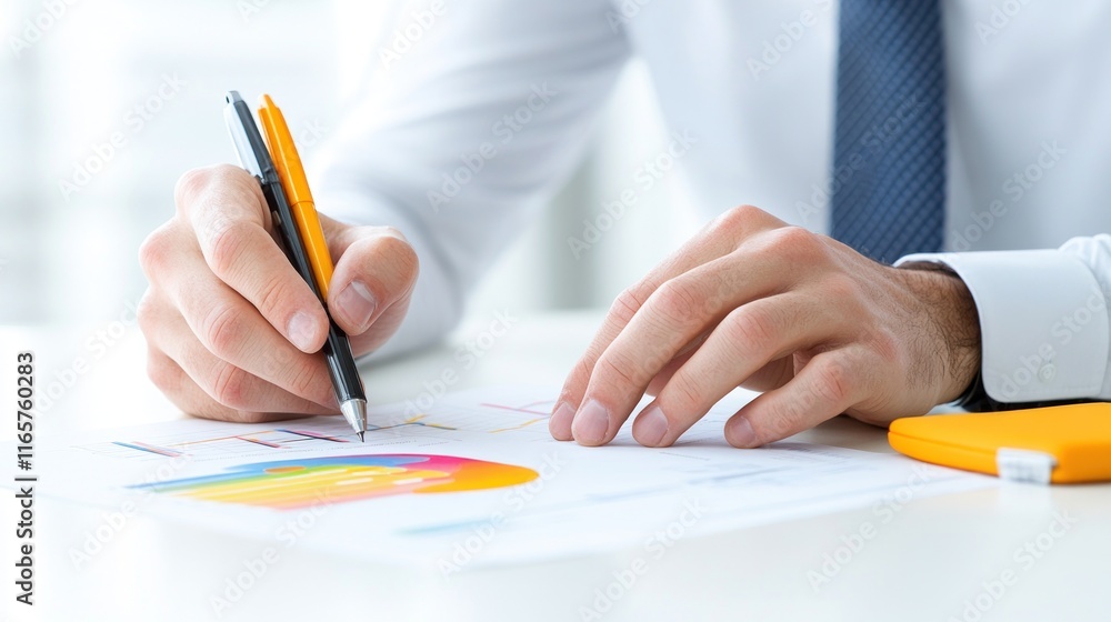 Poster a person analyzing charts and graphs with pens on a table.