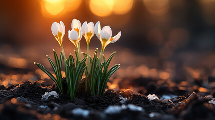 White crocuses emerging through snow, heralding spring arrival