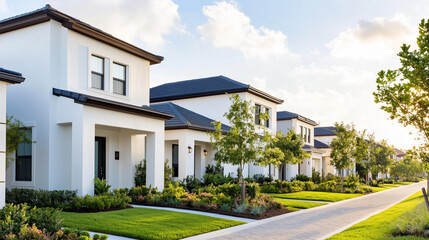 A row of contemporary family homes in a tranquil suburban area, characterized by minimalist architecture, dark slate roofs, and white facades. The neighborhood is surrounded by nea