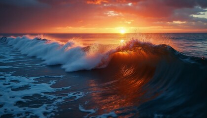 Fototapeta premium dramatic seascape, a big and beautiful wave in the ocean at sunset, sunlight shines through the crest of the wave, wind and the force of nature