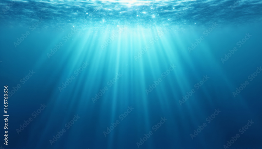 Wall mural the sun's rays shine into the depths of the ocean, sunlight underwater, impressive seascape, beautiful and calm blue water surface, beautiful nature as a background