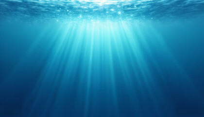the sun's rays shine into the depths of the ocean, sunlight underwater, impressive seascape, beautiful and calm blue water surface, beautiful nature as a background