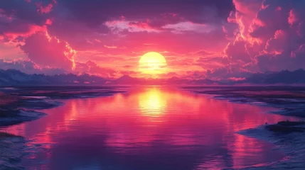 Selbstklebende Fototapeten Vibrant sunset over calm water reflecting colorful sky and snowy mountains. © Prasojo