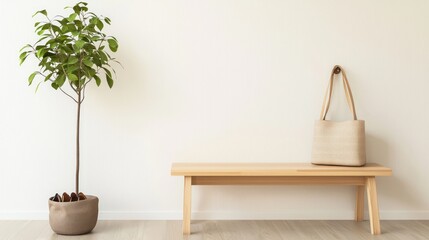 Serene Minimalist Japanese Entryway with Low Shoe Rack, Wooden Bench, and Potted Plant for Warm Welcome. Ultra-Detailed Interior Design Photo.