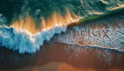an impressive seascape view from above, a large and beautiful ocean wave on the beach, at sunset, sunlight and wind breaking through the crest of the wave, beautiful nature as a background