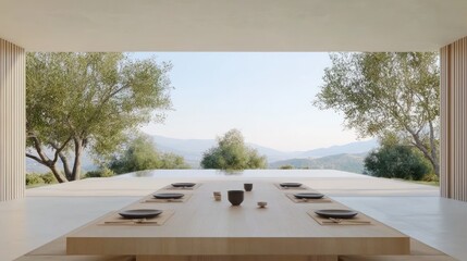 Fototapeta premium Serene Minimalist Japanese Dining Room with Wooden Table Set against Tranquil Landscape View | Zen Interior Design Concept