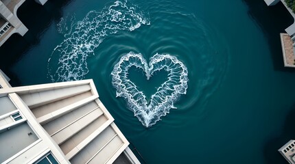 Top-down view shows a heart shape formed by a boat's wake in blue water, surrounded by buildings. The image is likely intended for Valentine's Day