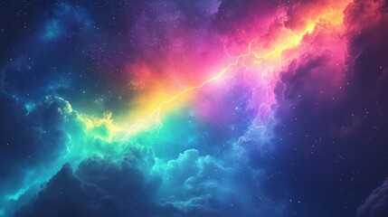Fototapeta premium Vibrant cosmic clouds with rainbow lightning.