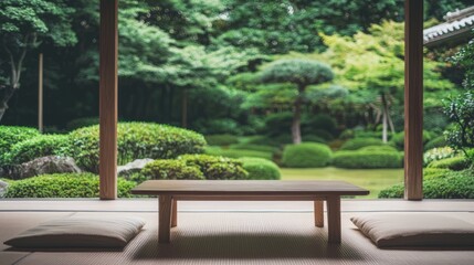 Serene Japanese Minimalist Dining Area with Garden View in Warm Light
