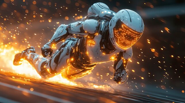 Robot athlete running on track, leaving trails of energy behind