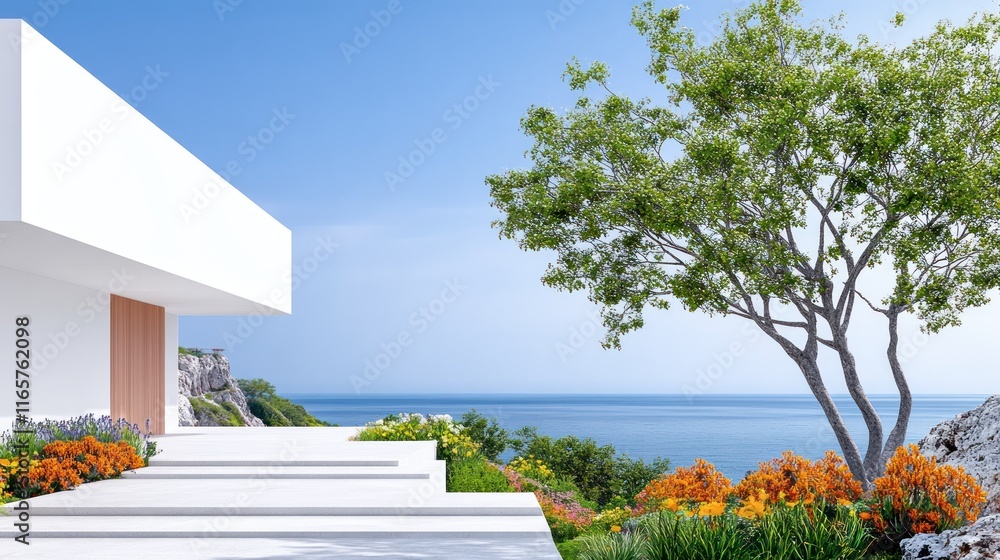 Poster modern architecture with a scenic view of the ocean and greenery.