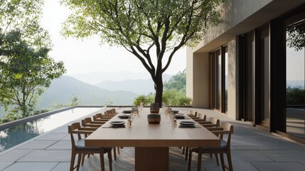 Fototapeta premium Serene Minimalist Japanese Dining Space with Scenic View | Ultra-Detailed Interior Design Photography