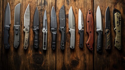 Various knives arranged on a wooden surface.