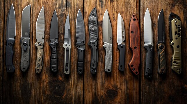 Various knives arranged on a wooden surface.