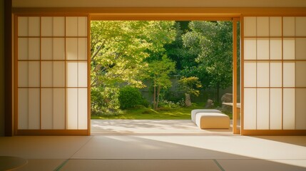 Serene Minimalist Japanese Living Room with Sliding Doors Leading to Zen Garden in Soothing Color Tones