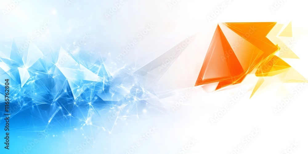 Poster geometric fragmented triangles bursting in neon orange and cobalt blue, forming dynamic digital abst