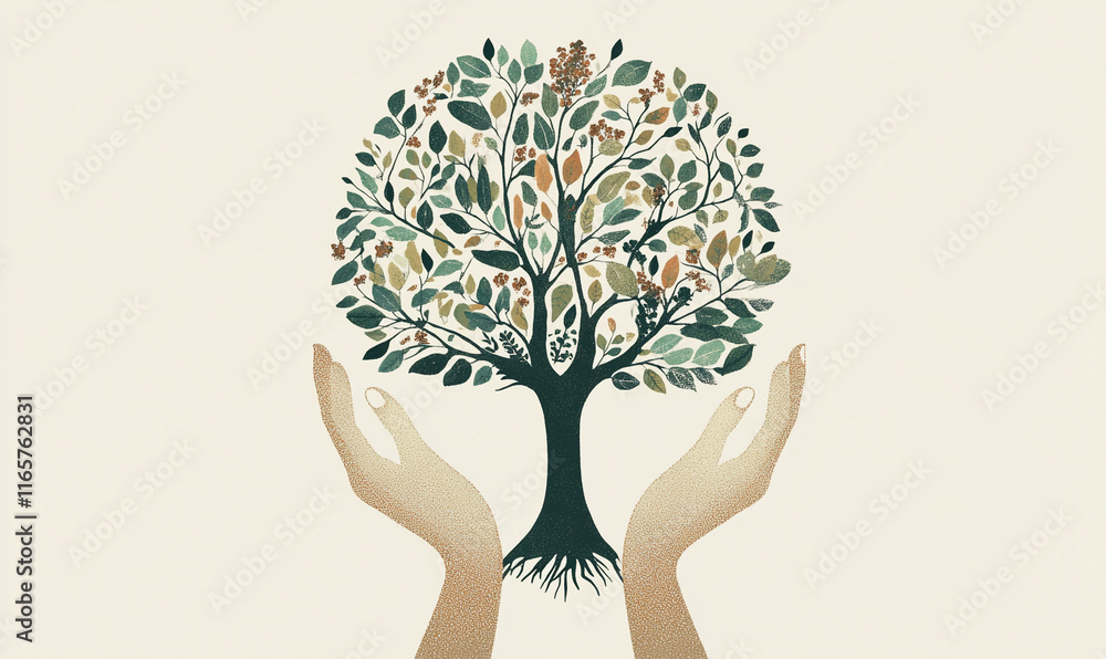 Poster artistic depiction of hands nurturing a tree with intricate foliage