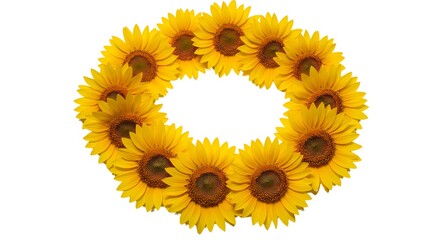A collection of sunflowers arranged in a circular pattern, bright studio lighting, white background.