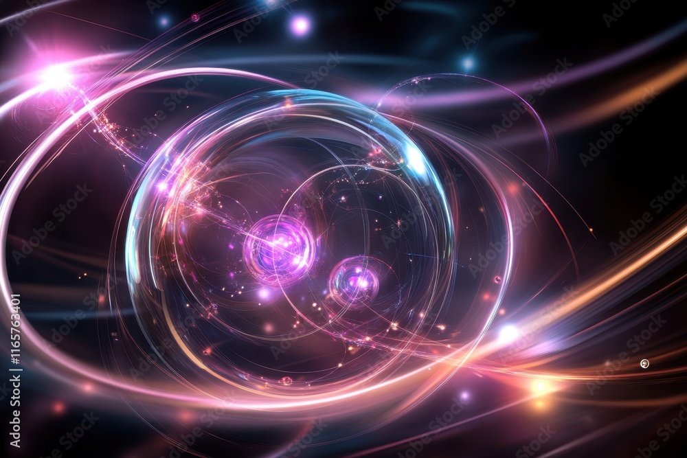 Poster vibrant abstract representation of atomic particles in a cosmic setting with glowing lights