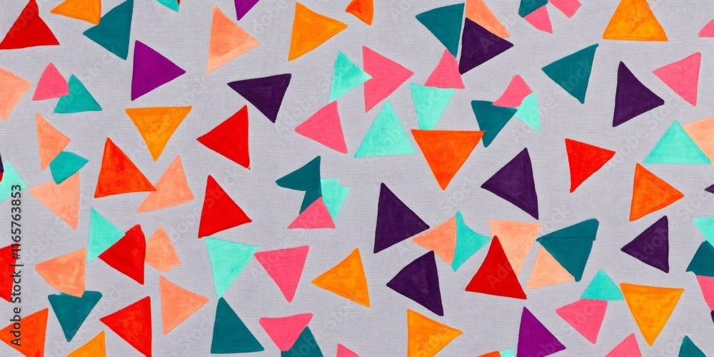 Poster vibrant gray background with randomly dispersed multicolored triangles forming geometric, playful de