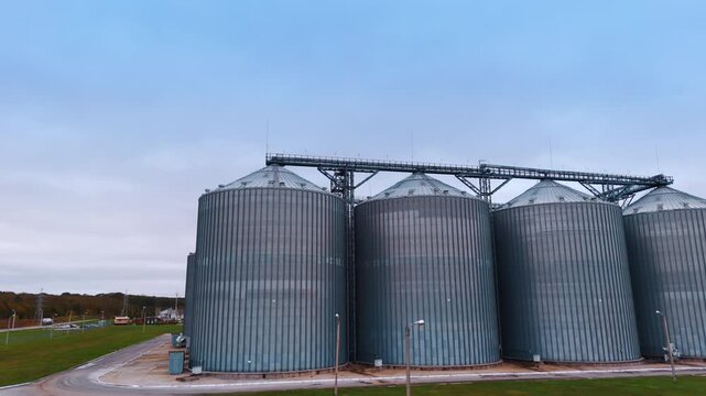 Approaching a cluster of metal tanks at the agricultural enterprise. Huge silos in the field. Grain business.