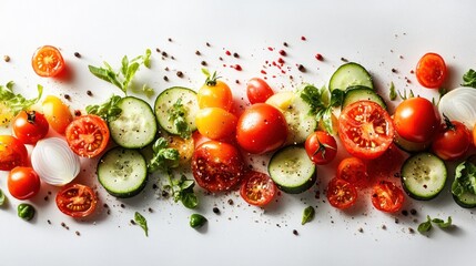 Vibrant mix of sliced tomatoes, cucumbers, onions, and herbs.