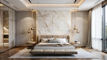 Minimalist interior design of modern luxurious bedroom with marble light gold wall