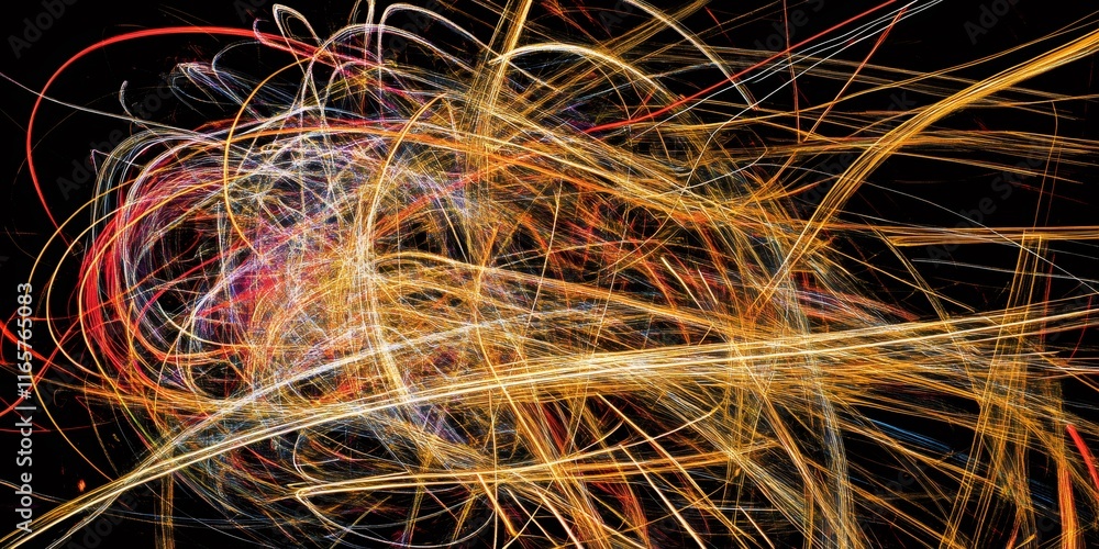 Poster golden light streaks intertwining on a black background creating a vibrant and energetic abstract co